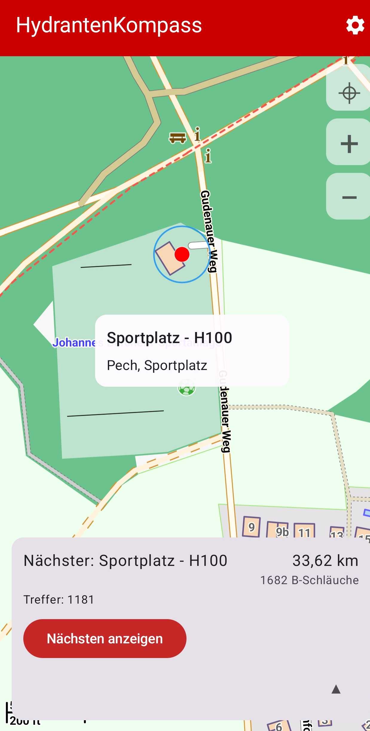 Detailansicht eines ausgewählten Hydranten mit Adresse und Zusatzinformationen