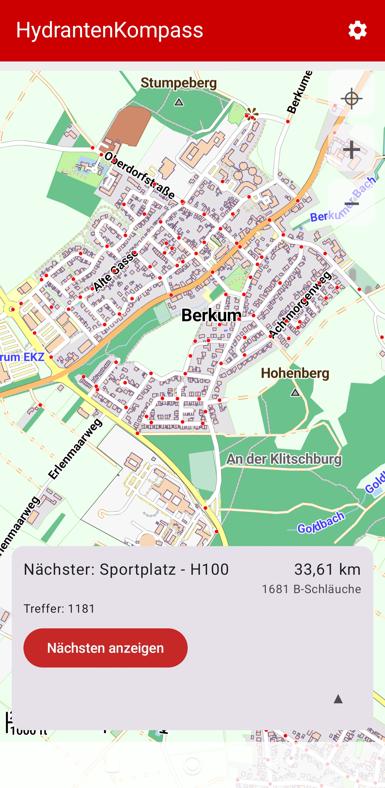 Kartenansicht der HydrantenKompass-App – Hydranten als rote Punkte auf der Offline-Karte
