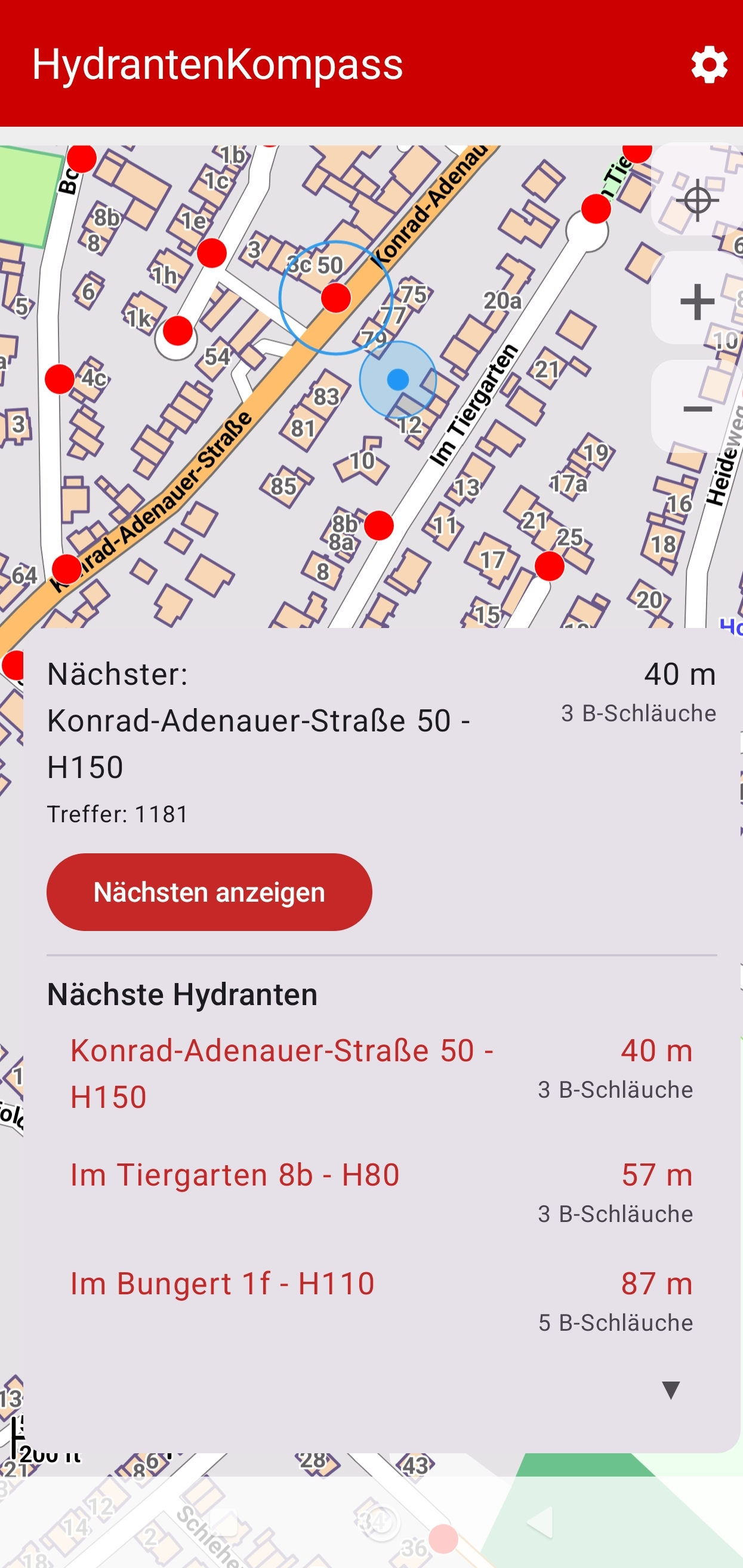 Anzeige des nächstgelegenen Hydranten inklusive Entfernung